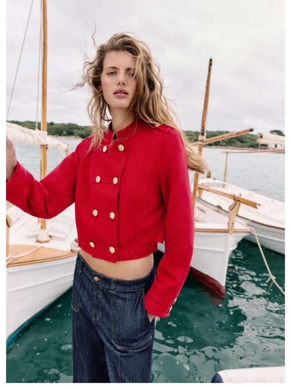 Zara Red Linen Blend Double-Breasted Fitted Cropped Jacket with Gold Buttons M - Picture 6 of 12